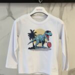 Bluzë me mëngë të gjata për djem – e bardhë me print dinosauri, stil dhe rehati e përditshme